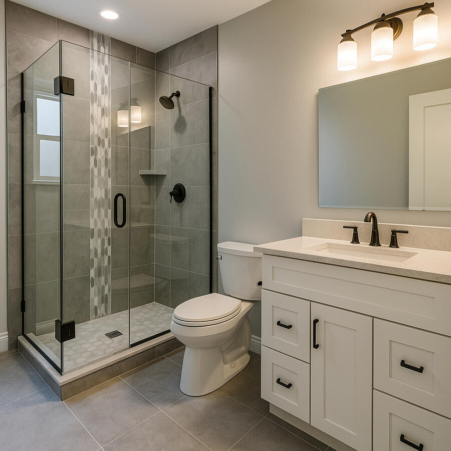 Modern grey tile bathroom renovation in Whitby by APM Construction.