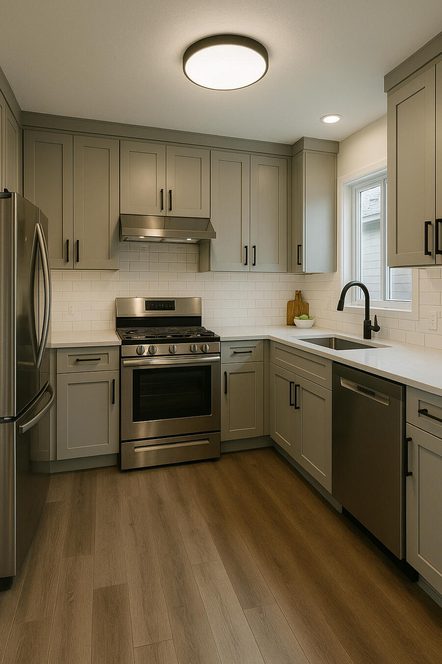 Grey shaker kitchen with subway tile backsplash in Durham Region.