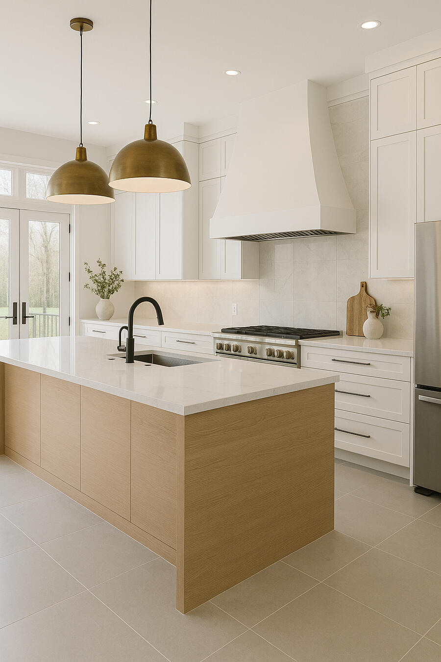 Light wood and white kitchen with large island in the GTA.