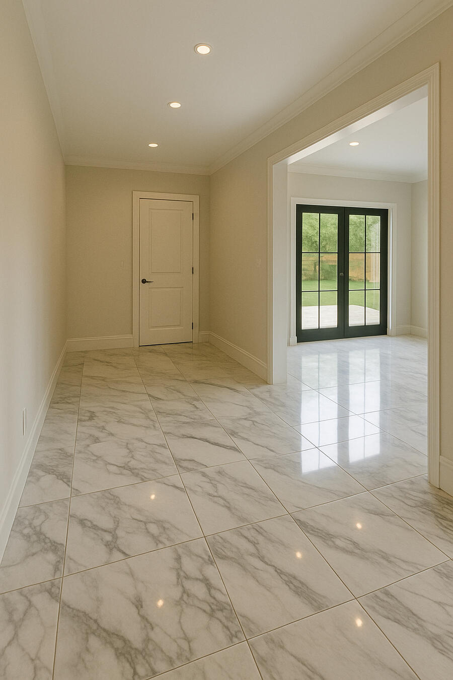 Marble-look tile entry hallway installed in Durham Region home.